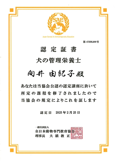 管理栄養士 賞状